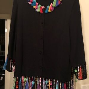 Black knit cardigan with multi color fringe